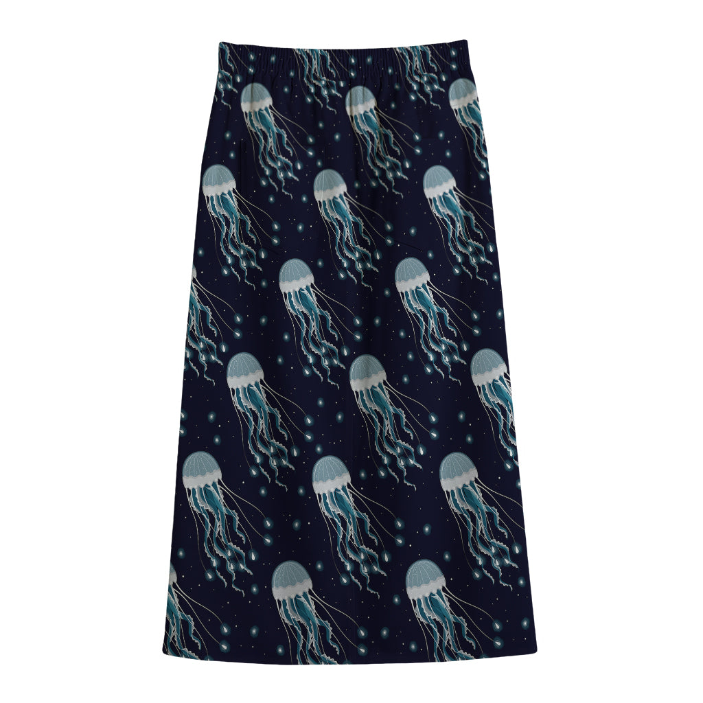 Glowing Jellyfish Pattern Print Cotton Front Slit Maxi Skirt