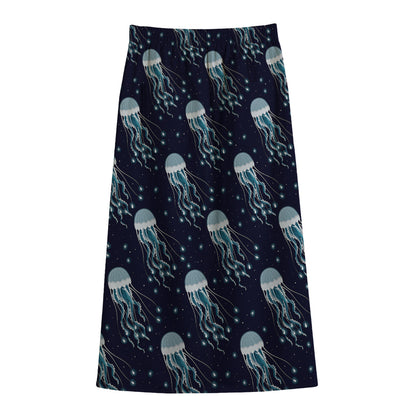 Glowing Jellyfish Pattern Print Cotton Front Slit Maxi Skirt