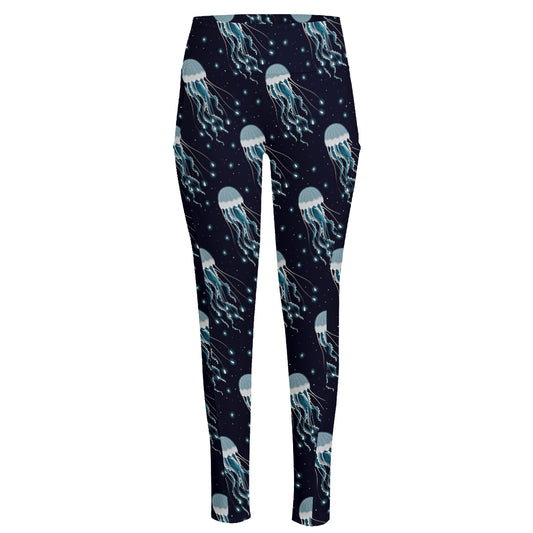 Glowing Jellyfish Pattern Print High-Waisted Pocket Leggings