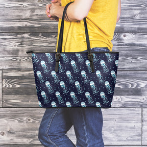 Glowing Jellyfish Pattern Print Leather Tote Bag