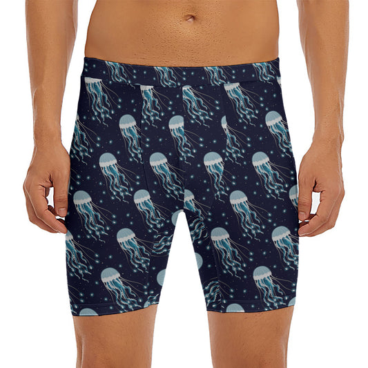 Glowing Jellyfish Pattern Print Men's Long Boxer Briefs