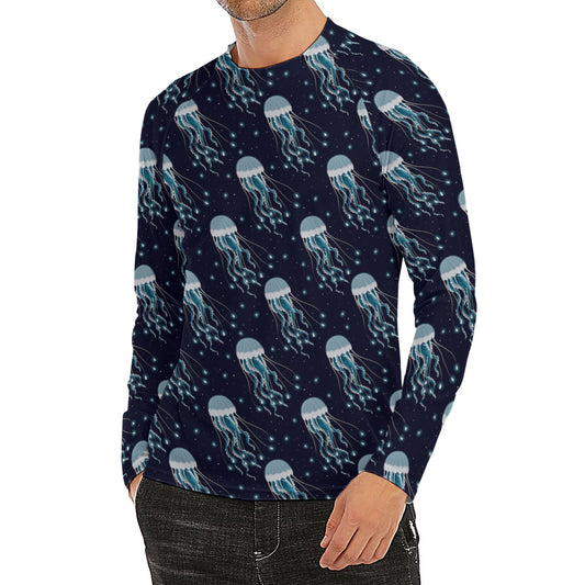 Glowing Jellyfish Pattern Print Men's Long Sleeve Rash Guard