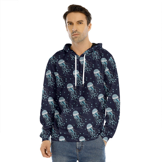 Glowing Jellyfish Pattern Print Men's Velvet Pullover Hoodie