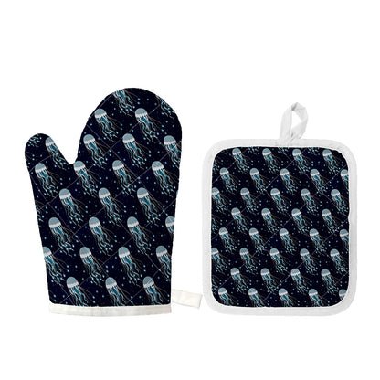 Glowing Jellyfish Pattern Print Oven Mitt And Pot Holder Set