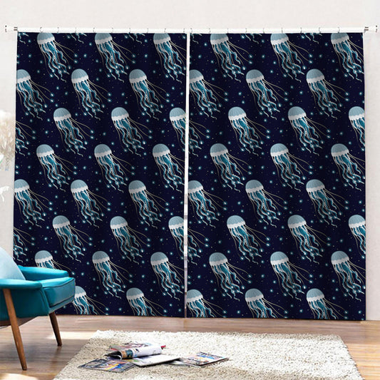 Glowing Jellyfish Pattern Print Pencil Pleat Curtains