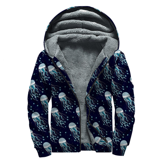 Glowing Jellyfish Pattern Print Sherpa Lined Zip Up Hoodie