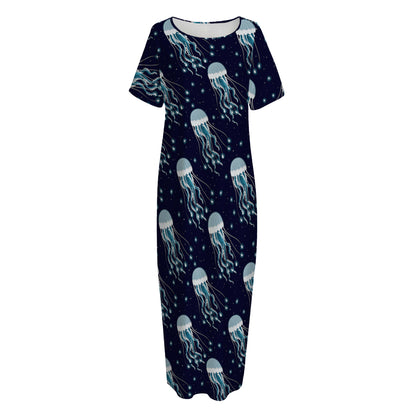 Glowing Jellyfish Pattern Print Short Sleeve Long Nightdress