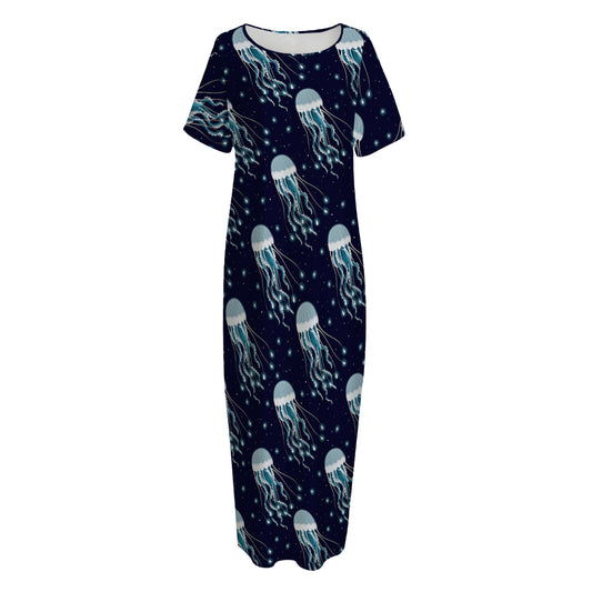 Glowing Jellyfish Pattern Print Short Sleeve Long Nightdress
