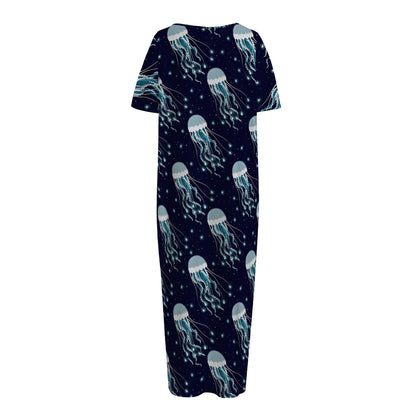 Glowing Jellyfish Pattern Print Short Sleeve Long Nightdress