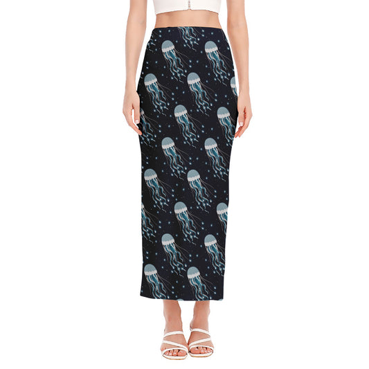 Glowing Jellyfish Pattern Print Side Slit Maxi Skirt