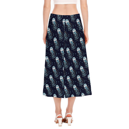 Glowing Jellyfish Pattern Print Side Slit Midi Skirt