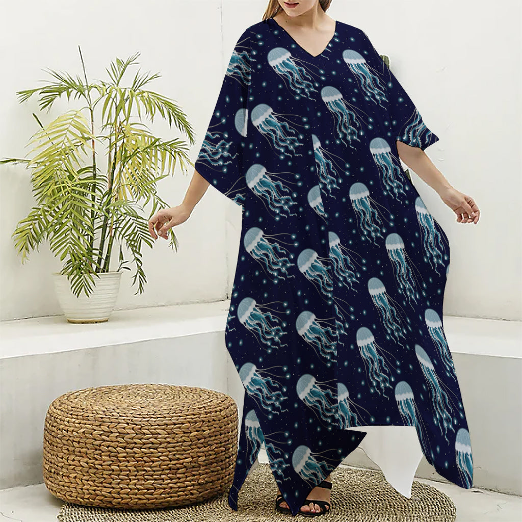 Glowing Jellyfish Pattern Print Silk V-Neck Kaftan Dress