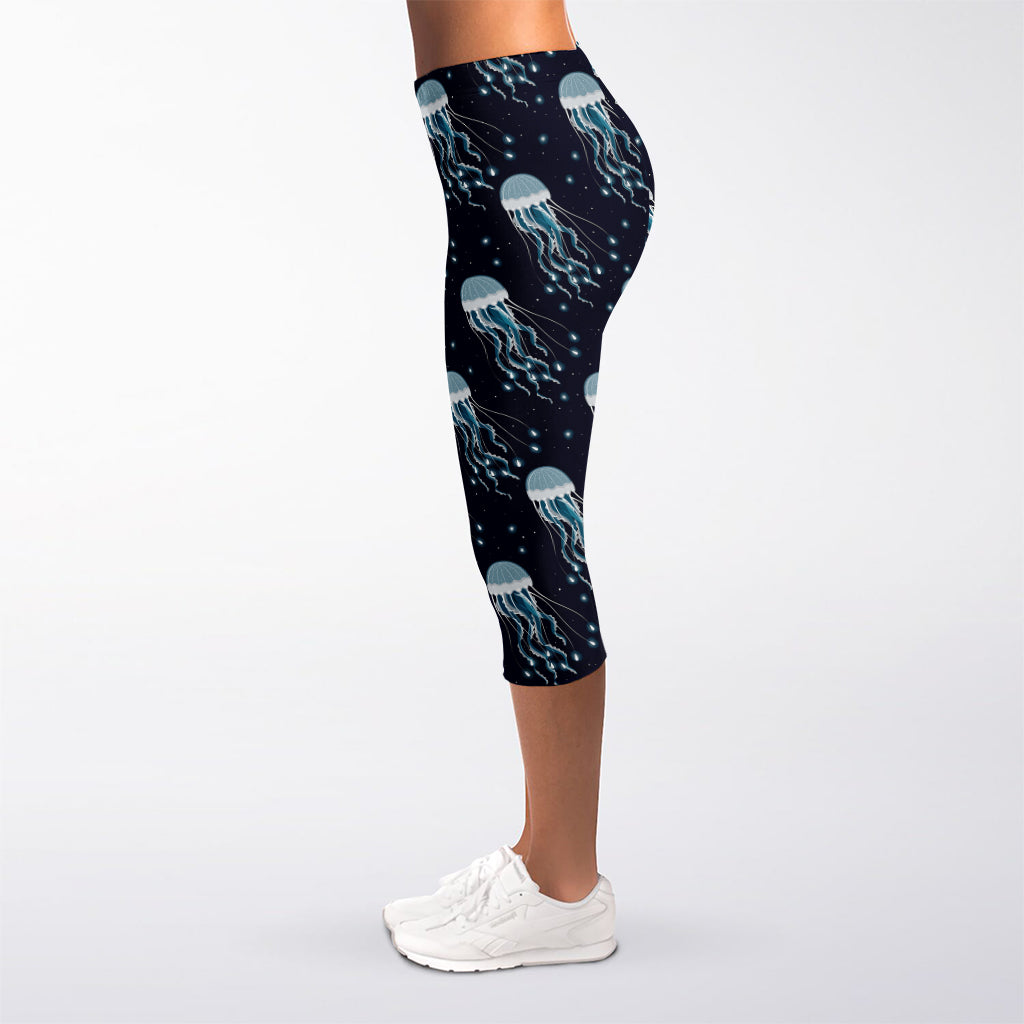 Glowing Jellyfish Pattern Print Women's Capri Leggings