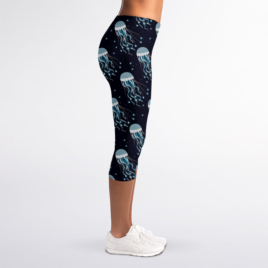 Glowing Jellyfish Pattern Print Women's Capri Leggings