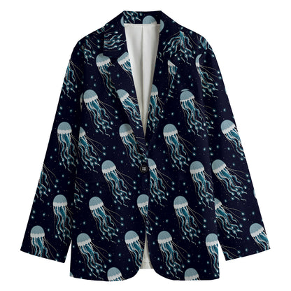 Glowing Jellyfish Pattern Print Women's Cotton Blazer