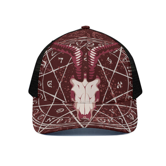 Goat Skull Pentagram Print Black Mesh Trucker Cap