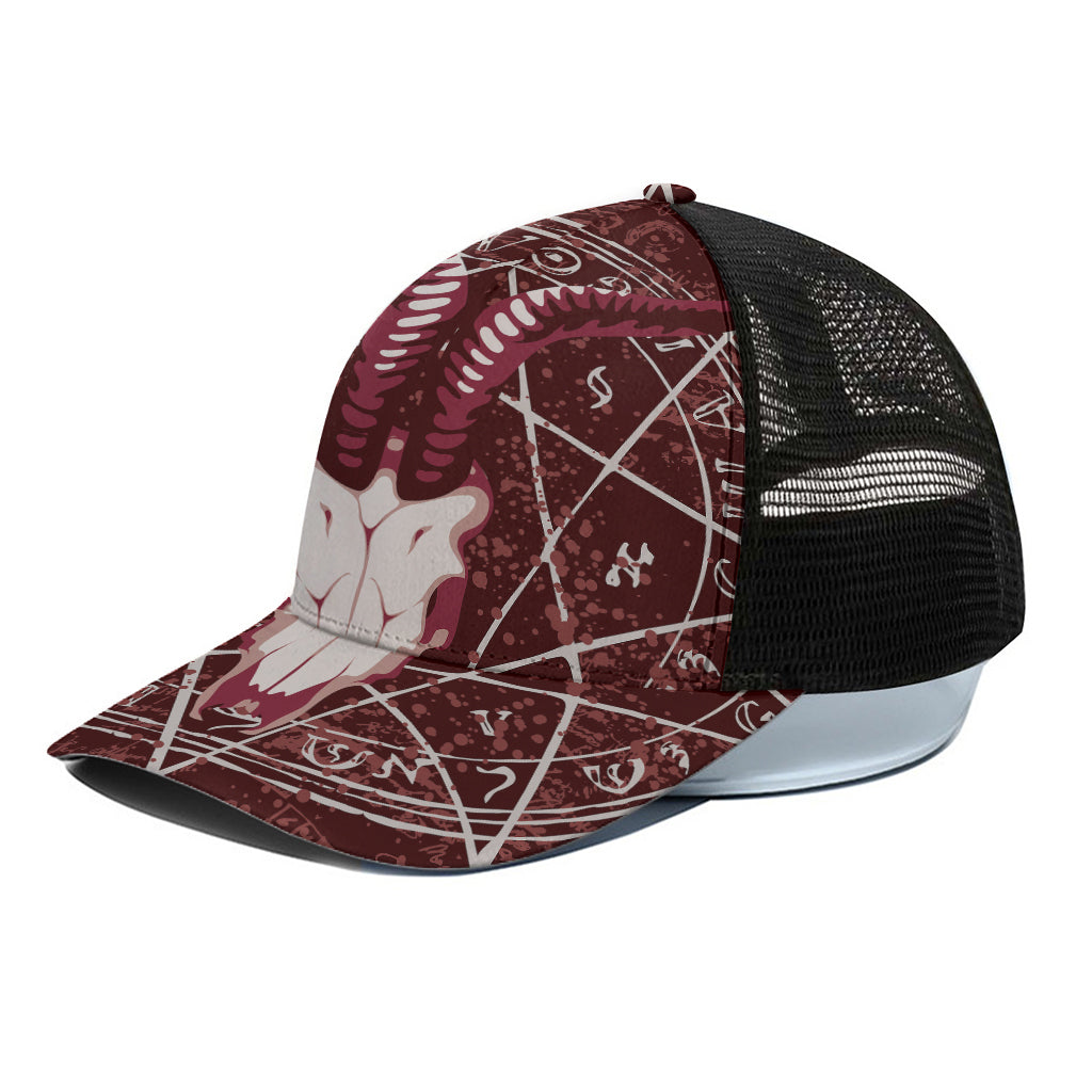 Goat Skull Pentagram Print Black Mesh Trucker Cap