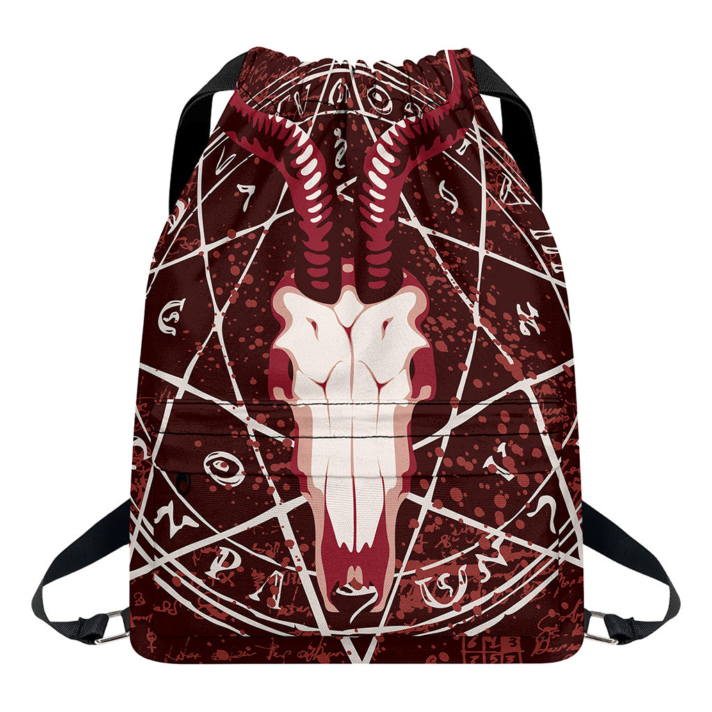 Goat Skull Pentagram Print Drawstring Backpack