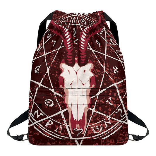 Goat Skull Pentagram Print Drawstring Backpack