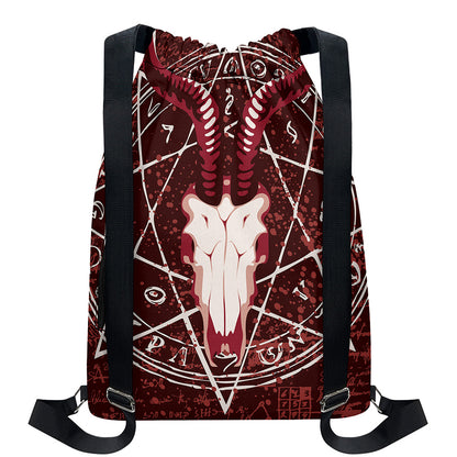 Goat Skull Pentagram Print Drawstring Backpack