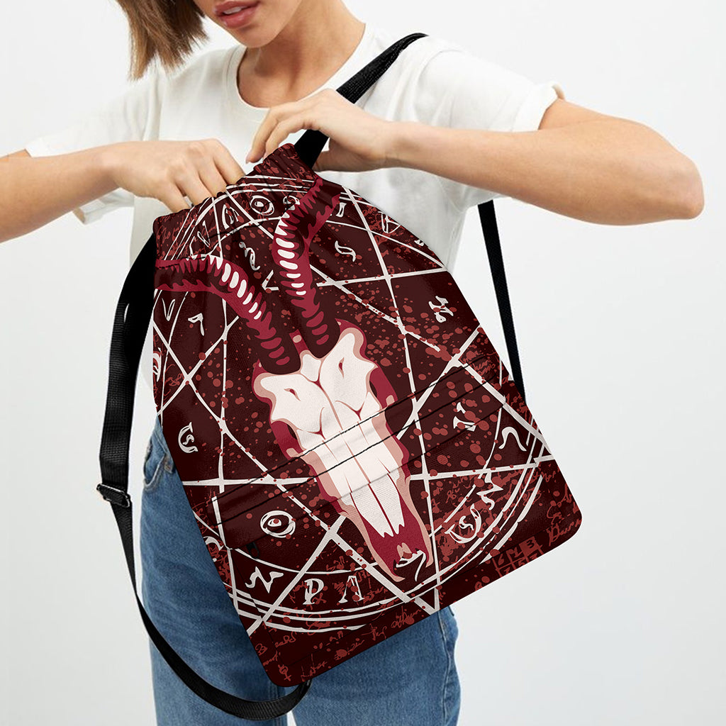 Goat Skull Pentagram Print Drawstring Backpack