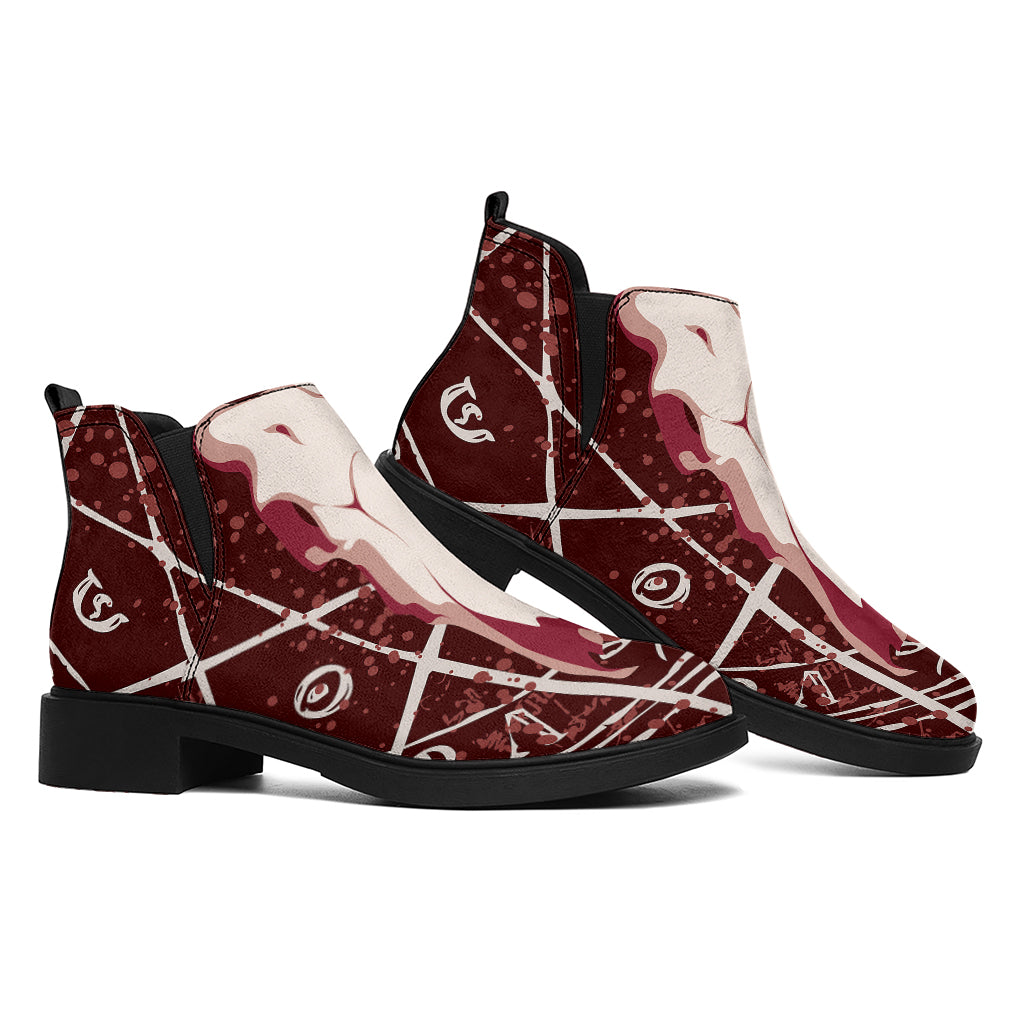 Goat Skull Pentagram Print Flat Ankle Boots