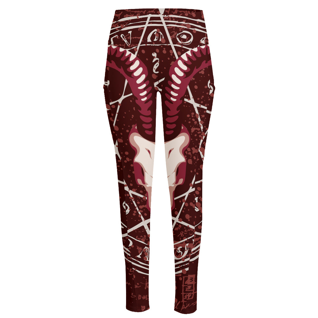 Goat Skull Pentagram Print High-Waisted Pocket Leggings