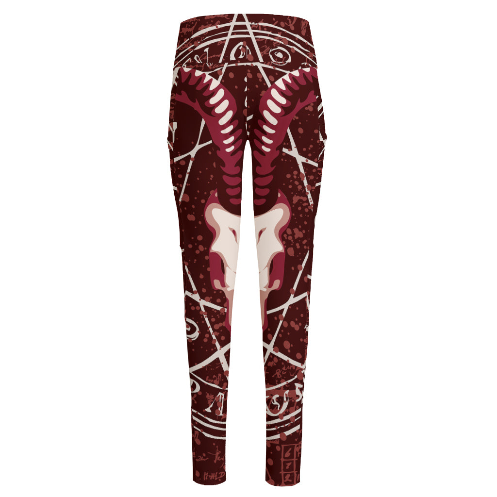 Goat Skull Pentagram Print High-Waisted Pocket Leggings