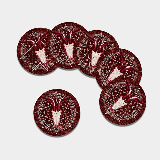 Goat Skull Pentagram Print Leather Coaster Set
