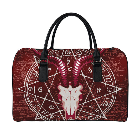 Goat Skull Pentagram Print Leather Duffle Bag