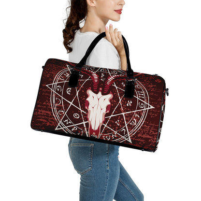 Goat Skull Pentagram Print Leather Duffle Bag