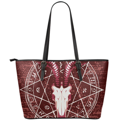 Goat Skull Pentagram Print Leather Tote Bag