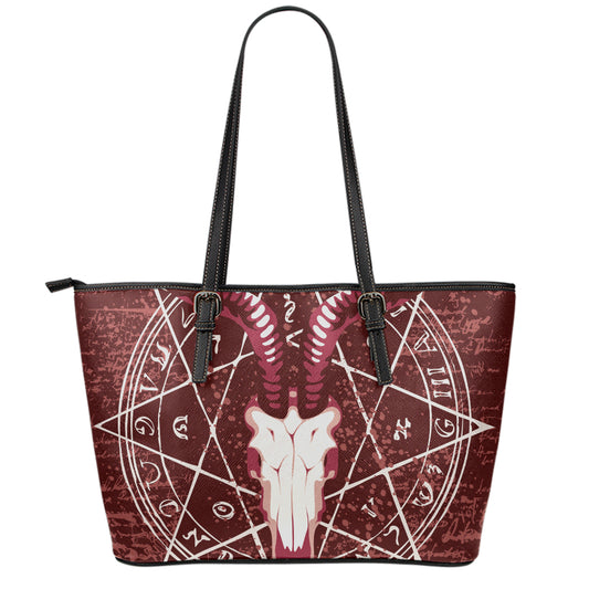 Goat Skull Pentagram Print Leather Tote Bag