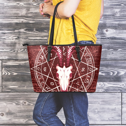Goat Skull Pentagram Print Leather Tote Bag