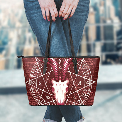 Goat Skull Pentagram Print Leather Tote Bag