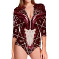 Goat Skull Pentagram Print Long Sleeve Swimsuit