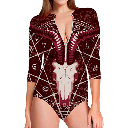 Goat Skull Pentagram Print Long Sleeve Swimsuit