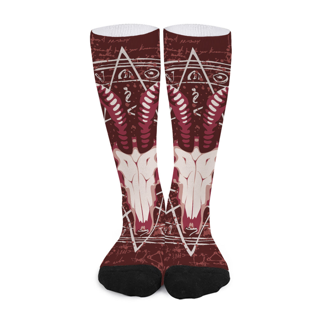 Goat Skull Pentagram Print Long Socks