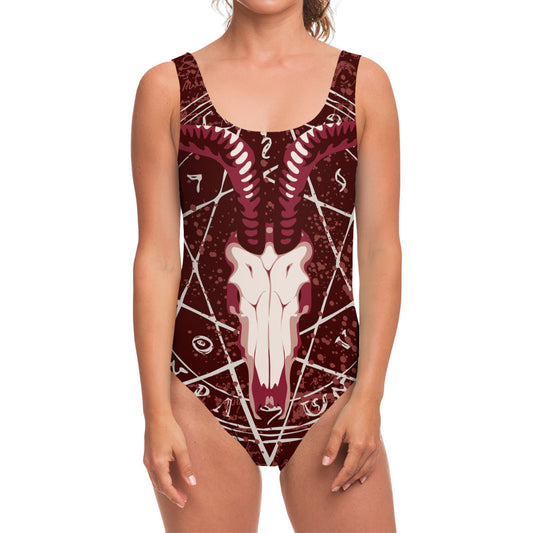 Goat Skull Pentagram Print One Piece Swimsuit