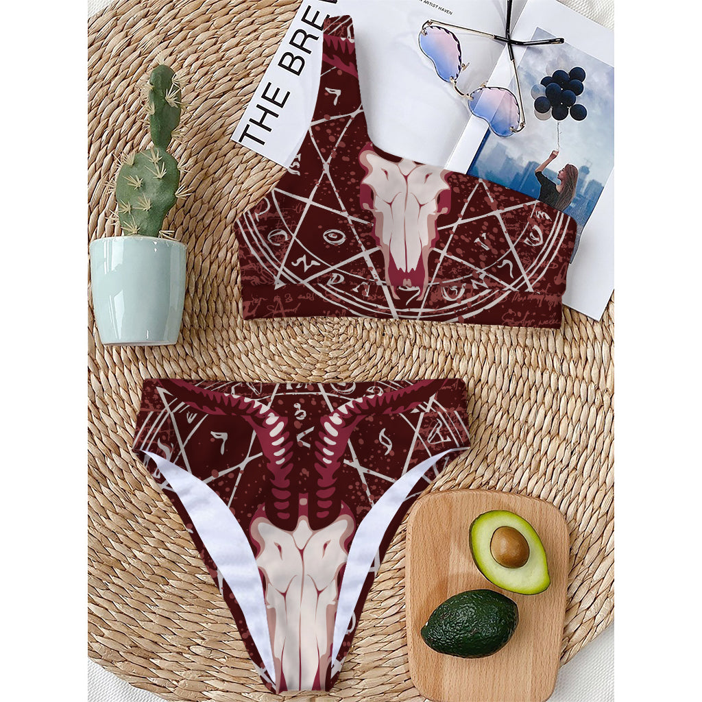 Goat Skull Pentagram Print One Shoulder Bikini Top