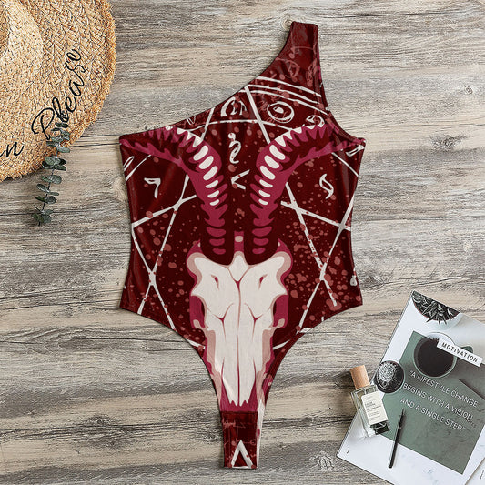 Goat Skull Pentagram Print One Shoulder Bodysuit