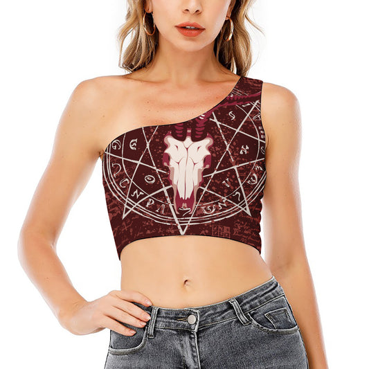 Goat Skull Pentagram Print One Shoulder Crop Top