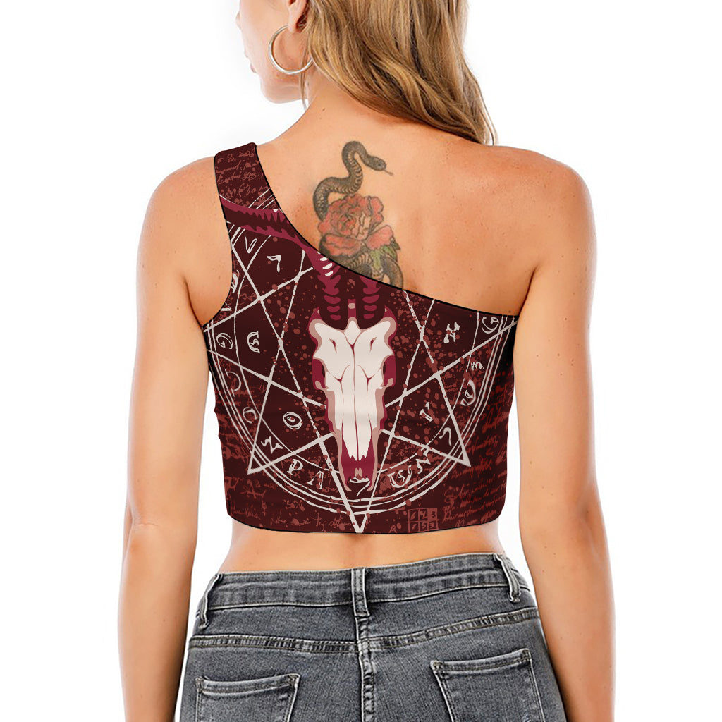 Goat Skull Pentagram Print One Shoulder Crop Top