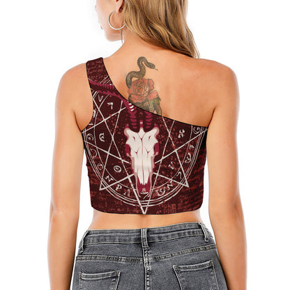 Goat Skull Pentagram Print One Shoulder Crop Top