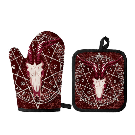 Goat Skull Pentagram Print Oven Mitt And Pot Holder Set