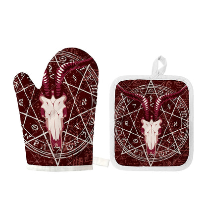 Goat Skull Pentagram Print Oven Mitt And Pot Holder Set