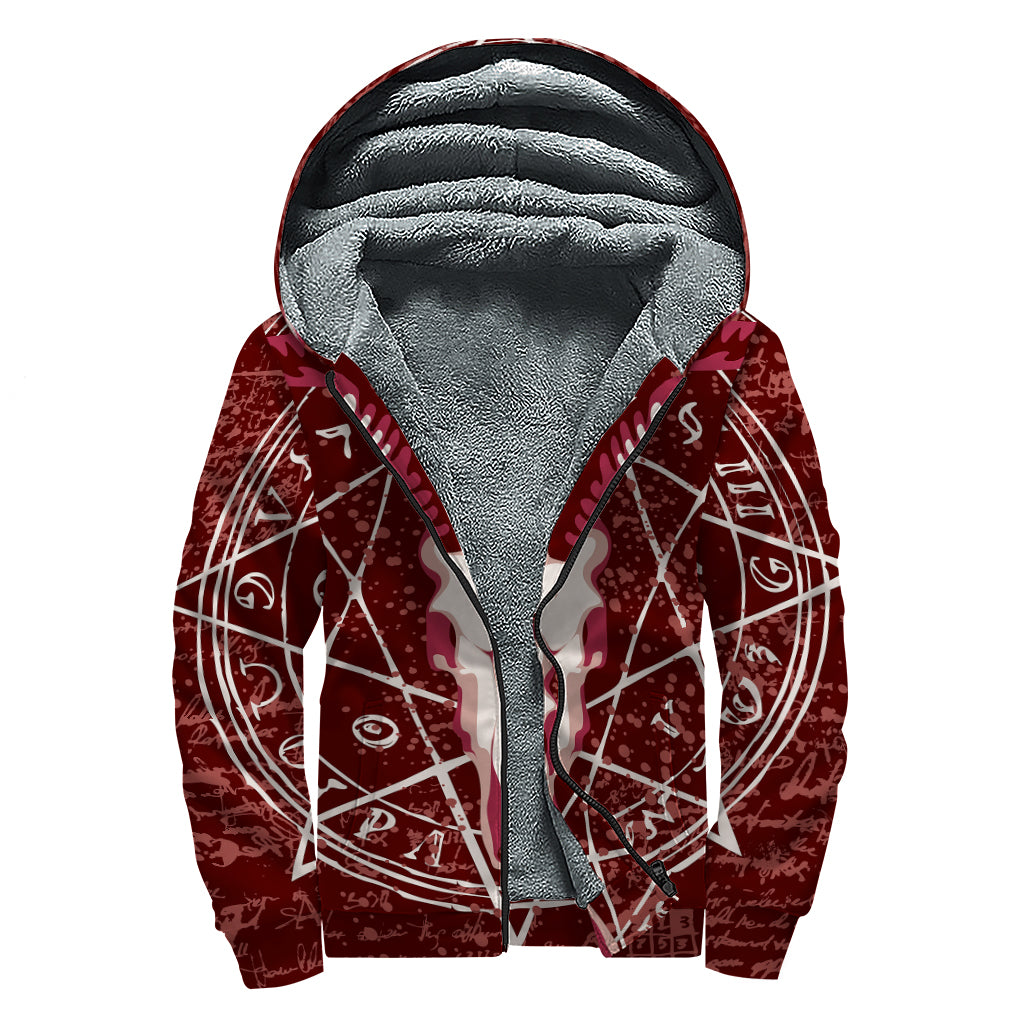 Goat Skull Pentagram Print Sherpa Lined Zip Up Hoodie