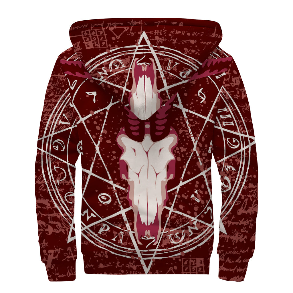 Goat Skull Pentagram Print Sherpa Lined Zip Up Hoodie