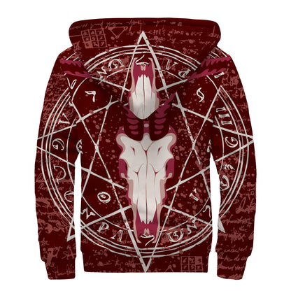 Goat Skull Pentagram Print Sherpa Lined Zip Up Hoodie