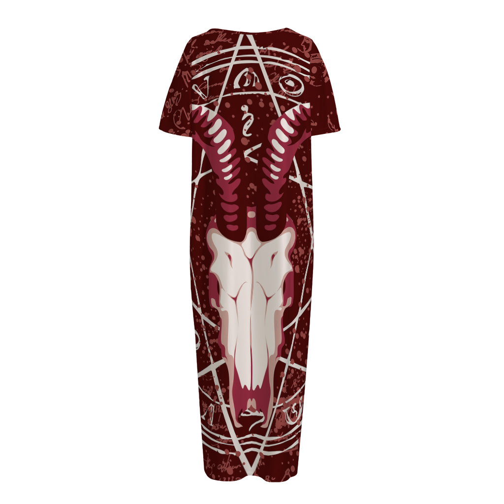 Goat Skull Pentagram Print Short Sleeve Long Nightdress